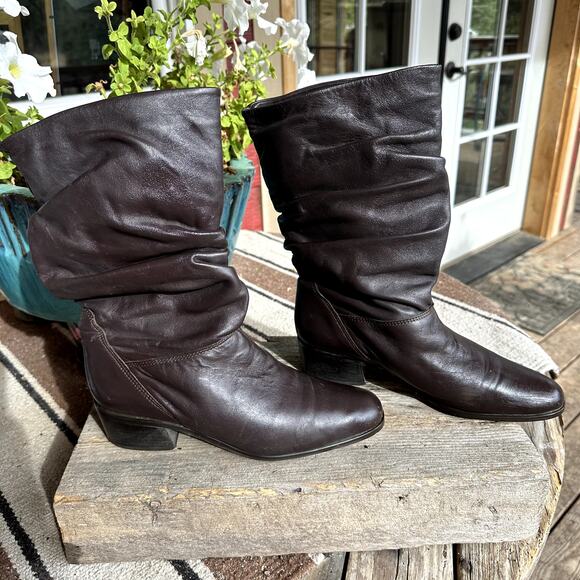 Chocolate Leather Slouch Boots Womens SZ 8.5 Uruguay Quality Boho Chic Timeless - Picture 2 of 7